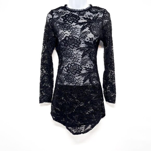 Sheer Black Floral Lace High Neck Long Sleeve Tunic Top Shirt Bodycon Fitted - Picture 2 of 9